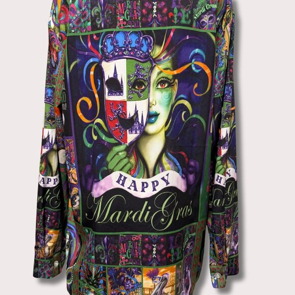 NWT JammyJob Mardi Gras Shirt Size L — Mask Graphic Button Front Top | Gift Idea - Picture 3 of 8